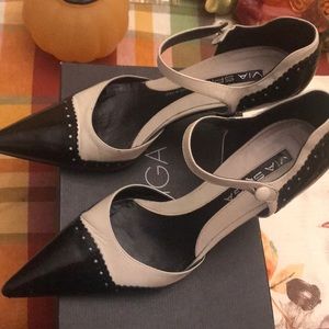Via Spiga Black patent and cream with ankle straps